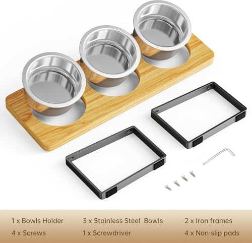 2 Pack Elevated Cat Bowls with 3 Stainless Steel Bowls | 10° Tilted Anti-Vomiting Raised Cat Food Bowl for Small Cats and Puppies Pet Bowl with Stand - color: Bamboo 2 PACK