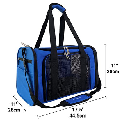 Airline Approved Soft Sided Pet Carrier, 17.5X11X11 Travel Tote with Soft Padded Bedding with Strong 1/4" Wood Base, Seatbelt & Luggage Attachment, Perfect for Cats and Small Dogs