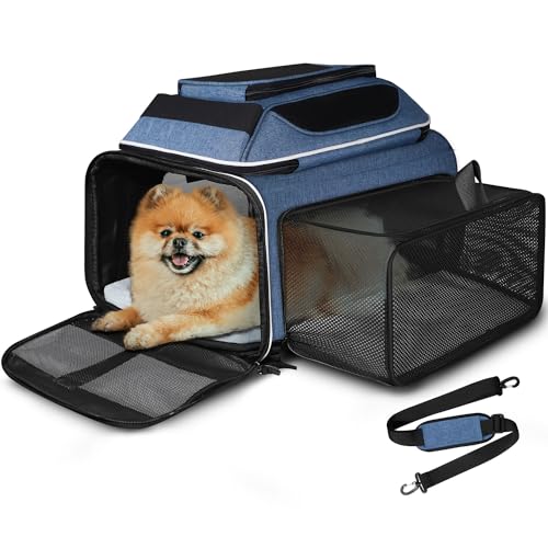 Petskd Top and Side Expandable Pet Carrier 17x11x9.5 Inches Alaska Airline Approved, Soft-Sided Carrier for Small Cats and Dogs with Locking Safety Zippers and Anti-Scratch Mesh(Blue) - color: Blue, size: 17.0"L x 11.0"W x 9.5"H