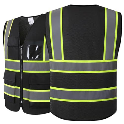 Reflective Safety Vest for Men Women High Visibility Vest with 8 Pockets and Front Zipper Mesh Reflective Vest Meets ANSI/ISEA Standards (Black-07, Medium) - color: Black, size: Medium