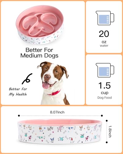 Slow Feeder Dog Bowl, Ceramic Dog Bowls 1.5 Cup Puzzle Feeder - Stops Fast Eating, Prevents Bloat, Choking & Black Chin for Medium/Large Dogs, Pink﻿ - color: Pink