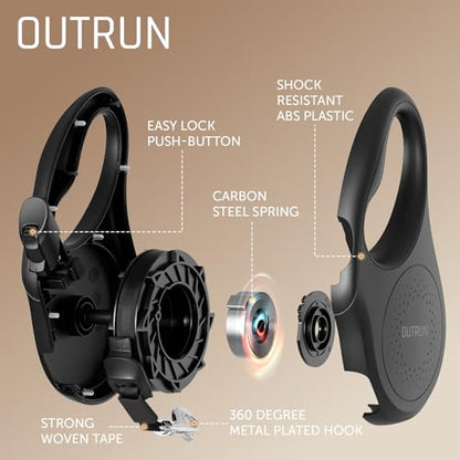 OUTRUN Retractable Dog Leash 26 FT Walking Leash up to 110 lb, Strong Nylon Tape No Tangle, Heavy Duty One-Handed Brake Lock, Black