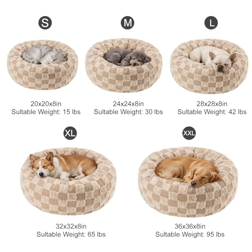 Dog Calming Beds for Small Medium Large Dogs - Round Donut Washable Puppy Dog Bed, Anti-Slip Faux Fur Fluffy Donut Cuddle Anxiety Cat Pet Bed (28" Grid) - color: Grid, size: 28"L x 28"W x 8"Th