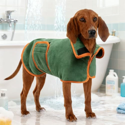 Green Dog Bathrobe Towel L, Fast Drying Coat for Dogs 27-38 Lbs, Super Absorbent Microfiber, Pet Drying Robe
