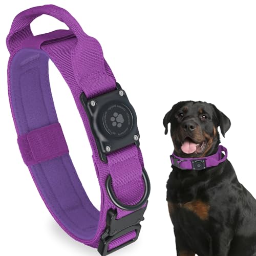 Tactical AirTag Dog Collar, 100% Waterproof Integrated Apple Air Tag Dog Collars with Hard PC AirTag Holder, Adjustable Military Collar with Handle, GPS Dog Collar for Medium Large Dogs(Purple,XL) - color: Purple, size: XL (19.5-24.8'')