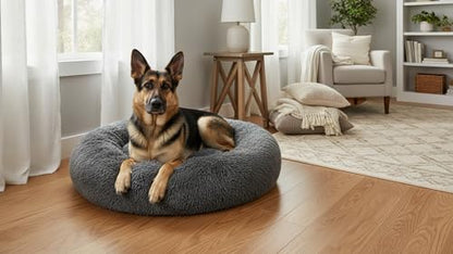 The Dog’s Bed Calming Donut Dog Bed, Plush Faux Fur Round Cuddler Nest – CertiPUR-Certified Foam, One-Piece Design, Raised Bolster – Large (36"), Grey