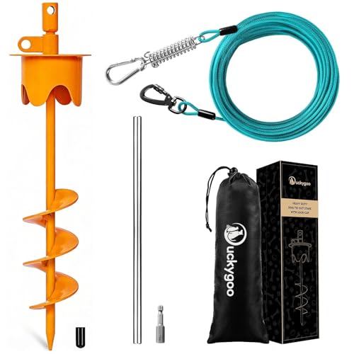 Dog Tie Out Cable & Stake with Lock-Cap, Heavy Duty Dog Stake for Outside with Shock Spring, 20FT Rust Proof Cable, 360°Swivel Yard Leash & Stakes up to 350 LBS, Orange - color: Orange, size: 17IN STAKE+20FT CABLE