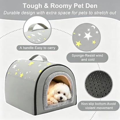 Jiupety Indoor Dog House, 2 in 1 Portable Foldable House Bed with Cover, Pet Tent & Cave Bed for Small Medium Dog, L(21"×17"×15"), Up to 16 Lb, Grey - style: L