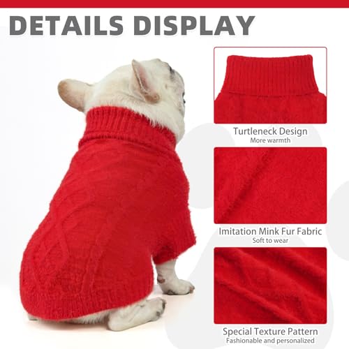 KOOLTAIL Small Dog Sweater, XS Red Fuzzy Thick Super Soft Warm Dog Christmas Sweater Turtleneck Pullover for Cold Weather, Classic Cable Knitwear, Fleece Pet Fall Winter Clothes Coats Puppy Cats - color: Red, size: X-Small