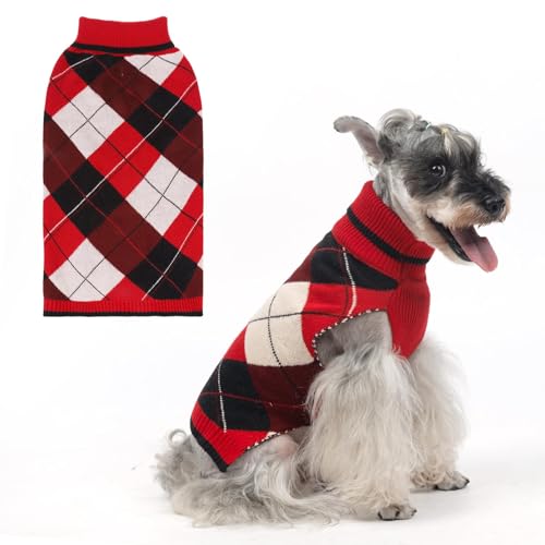 KOOLTAIL Dog Sweater Pet Knitted Clothes-Classic Plaid Pullover Turtleneck Red Fleece Dog Christmas Sweaters with Leash Hole, Thick Warm Dog Winter Clothes for Small Medium Large Dogs Cats Puppy, ML