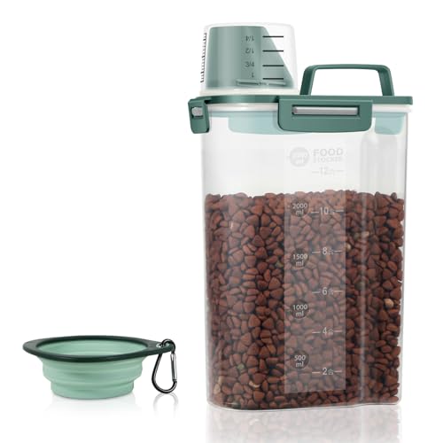 LEAWALK 3-5Lbs/3Qt Dog Cat Food Storage Container With Foldable Bowl. Plastic Pet Food Dispenser for Small Animal Kibble/Pet Food/Bird Seed/Oatmeal/Rice/Flour/Brown Sugart/Cereals (Dark Green) - color: Dark Green, size: 3L-1pack