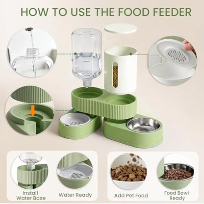 Gravity Cat Feeder 2 Pack Automatic Food Feeder Stainless Steel Water Dispenser Set 360° Rotatable Pet Bowls with Silicone Mat and Brush for Cats Small Medium Dogs, Large Capacity(Green) - color: Green-With mat/brush