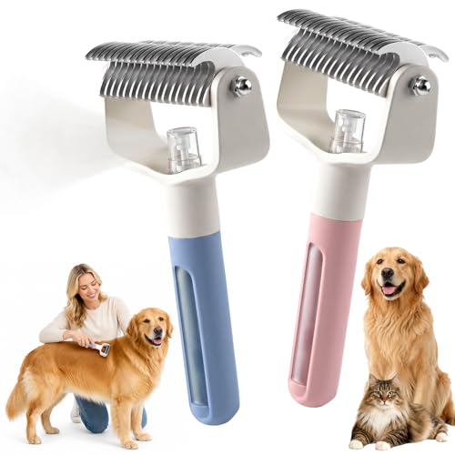 Dual-Sided Pet Grooming Comb,2‑in‑1 Professional Brush Deshedding Dog Brush with Spray Design, Dematting Comb Undercoat Rake for Long Haired Pet Grooming Tool - color: Pink + Blue