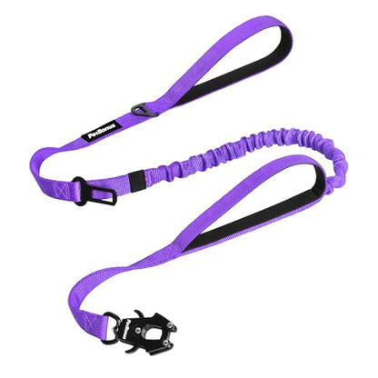PetBonus Heavy Duty Tactical Dog Leash, 5 FT Bungee Shock Absorption Leash with 2 Padded Handles, Quick Release Metal Clip, Car Seatbelt, No Pull Training Lead for Large Medium Dogs（Purple） - color: Purple