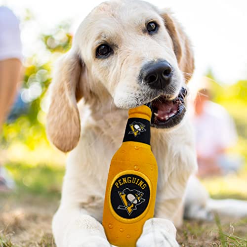 Pets First NHL Pittsburgh Penguins Beer Bottle Plush Dog & Cat Toy- Cutest Stadium SODA Bottle Snack Plush Toy for Dogs & Cats with Inner Squeaker & Beautiful Hockey Team/ Logo - color: Pittsburgh Penguins, style: NHL Beer Bottle Toy