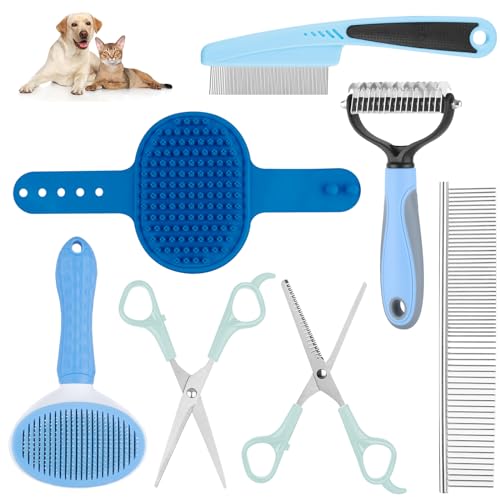 Pet Grooming Kit with Pet Shedding Slicker Brush, Bath Massage for Rabbit, Puppy, Kitten, All Hair Types, Includes Multiple Combinations of Combs and Brushes - color: Blue, size: 8 PCS