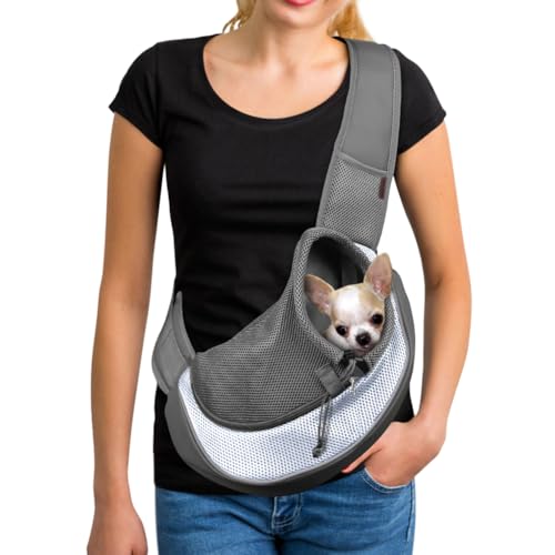 YUDODO Pet Sling Carrier for 5-9 lbs Small Dogs & Cats – Hands-Free Puppy Carrier with Safety Hook, Large Zipper Pocket, Soft Breathable Mesh, Adjustable Strap & Reflective Strip (Gray 1.0 M) - color: Gray 1.0 Basic (Zipper Pocket), size: Medium (4.5-9lbs