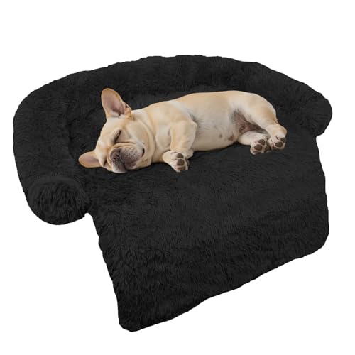 GGIB Calming Dog Bed Fluffy Plush Dog Mat for Furniture Protector with Removable Washable Cover for Large Medium Small Dogs and Cats (Small,Black) - color: Black, size: 35.0"L x 31.0"W x 5.0"Th