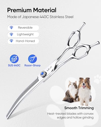 ULG Curved Thinning Dog Shears for Grooming, 7 Inch Professional Curved Thinning Dog Grooming Scissors for Blending and Thinning, 40-Tooth 15%-20% Rate 440C Stainless Steel Pet Hair Scissors - size: 7.0 Inch (Thinning)