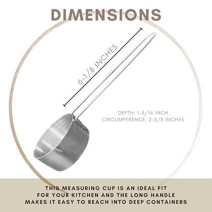 1/3 Cup Stainless Steel Measuring Cup, Long 6" Wire Loop Handle and Pour Spout | Sturdy Metal 80 ml | 80 cc | 3 oz | Single Cup for Wet and Dry Ingredients | Great for use as 1/3 Cup Dog Food Scoop - size: 1/3 Cup Long Handle