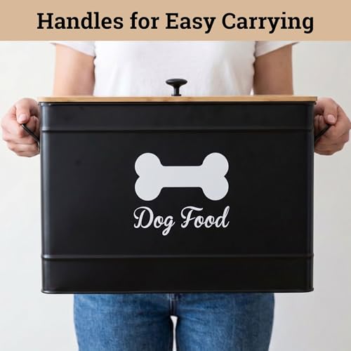 Dog Food Container Airtight 15-20 lb (70 Cup) Capacity with Metal Scoop - Cute Airtight Dog Food Storage Container with Bamboo Lid - Black Metal Kibble Storage Bin for Dogs up to 100 lbs - Big Pet Jar - color: Black