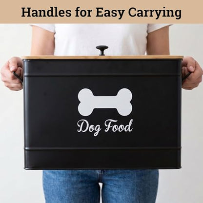 Dog Food Container Airtight 15-20 lb (70 Cup) Capacity with Metal Scoop - Cute Airtight Dog Food Storage Container with Bamboo Lid - Black Metal Kibble Storage Bin for Dogs up to 100 lbs - Big Pet Jar - color: Black