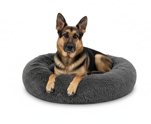 The Dog’s Bed Calming Donut Dog Bed, Plush Faux Fur Round Cuddler Nest – CertiPUR-Certified Foam, One-Piece Design, Raised Bolster – Large (36"), Grey