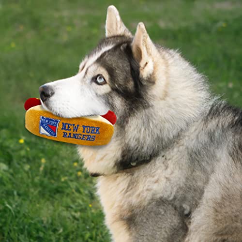 Pets First NHL New York Rangers HOT Dog Plush Dog & CAT Squeak Toy - Cutest HOT-Dog Snack Plush Toy for Dogs & Cats with Inner Squeaker & Beautiful Hockey Team Name/Logo 8 x 5 x 3 Inches - color: New York Rangers, style: NHL Hot Dog Toy