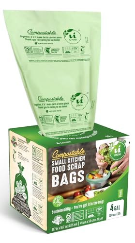 UNNI Compostable Trash Bags, 4 Gallon / 15 Liter, 200 Count, Extra Thick 0.75 mil Small Kitchen Food Scrap Bin Liners, BPI, CMA & OK compost HOME Certified (Meets ASTM D6400) - size: 200 Count (Pack of 1), style: 4 Gallon