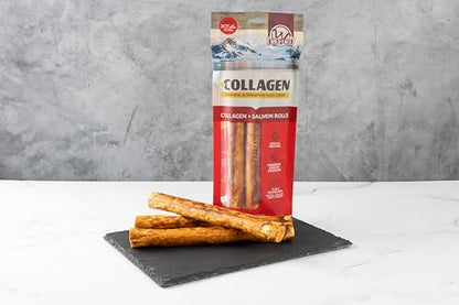 Wild Eats Salmon Flavor Collagen Cheek Roll Chew 10" 3pk Pig Ear Substitute | Long lasting treats and bones for medium dogs, retriever style texture, 3 per bag, satisfies natural gnawing urges daily - size: 11 Ounce (Pack of 3)