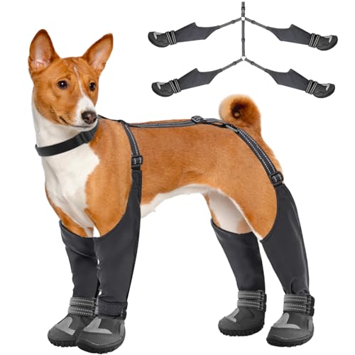 Idepet Dog Suspender Boots, Tall Dog Boots Anti-Slip & Fall Waterproof Shoes Leggings, Adjustable Suspender Boots for Winter Snow Rain Hiking Paws Protector(Black, 5) - size: 5