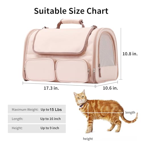 FUKUMARU Cat Carrier, 4 Mesh Windows Small Dog Carrier, 4 Storage Pockets Cat Travel Bag, Under 15 lb Airline Approved Pet Carrier, Rollable Cover for Nervous Cats, Pink - color: Pink