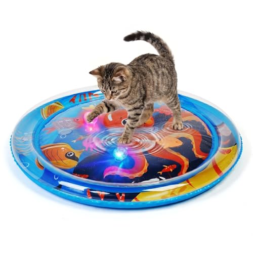 Thickened Cat Sensory Water Play Mat, Interactive Aqua Cats Water Mat with Floating Fish and 2 Balls for Cats & Dogs, Indoor Pet Water Bed Play Mat - color: Round