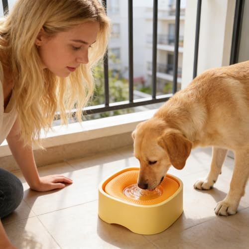 Spill Proof Dog Water Bowl - 37oz Large Capacity No Drip Pet Dish, Safety Foam in the Dog Bowl, No Spill Bowl for Elevated Design Mess Proof is Easy to Clean, is Suitable for All Pets (Yellow) - color: Yellow