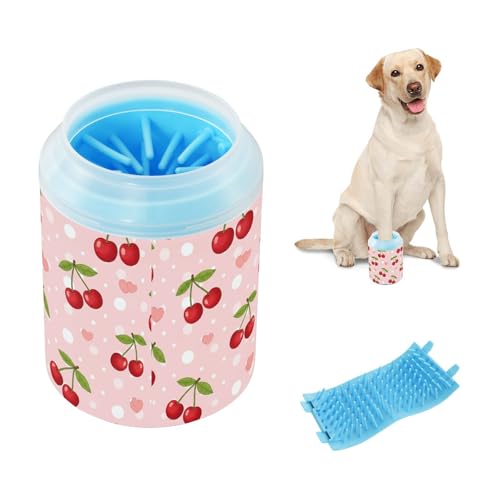 Cherries Hearts Pink Print Dog Paw Cleaner Cup with Soft Silicone Brush, Small Lightweight Portable Muddy Paw Washer for Dogs, Easy to Use Pet Foot Cleaner