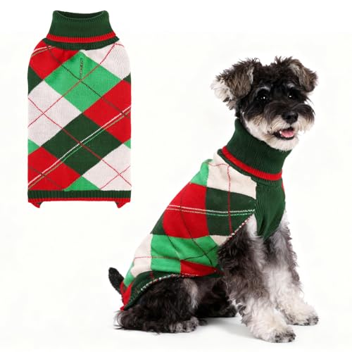 KOOLTAIL Dog Christmas Sweater Pet Knitted Clothes - Classic Plaid Pull Over Turtleneck Dog Sweaters with Leash Hole Warm Dogs Winter Clothing for Small Medium Dogs Cats Puppy Boy Girl Red & Green SM - color: Red & Green, size: Small/Medium