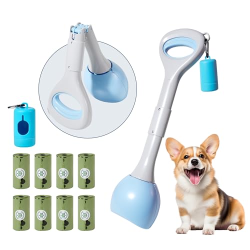 Dog Pooper Scooper Portable with Bag Attachment, One Handed Foldable Design, Includes 120 Waste Bags and Dispenser, 19 Inch Handle for Grass Yard Gravel Cleanup (Blue) - color: Blue + 120 garbage bags + dispenser
