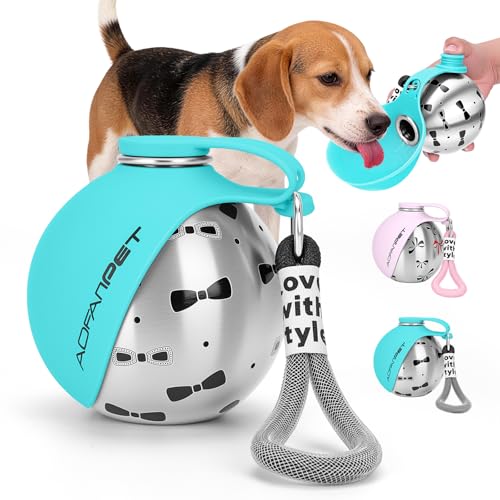 Portable Dog Water Bottle 10oz Stainless Steel Travel Dog Water Dispenser with Bowl No-Spill Puppy Water Bottle for Walking Hiking Small Dog Water Bottle (Blue Bow Print) - color: Blue Bow Print