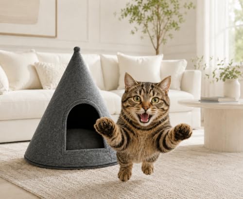 Cat Cave Bed for Indoor Cats & Small Dogs, Cozy Pet Cave House with Washable Removable Cushion, Cone-Shaped Cat Hideaway Bed, Soft Indoor Dog Tent for Small Pets, Gray