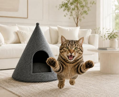 Cat Cave Bed for Indoor Cats & Small Dogs, Cozy Pet Cave House with Washable Removable Cushion, Cone-Shaped Cat Hideaway Bed, Soft Indoor Dog Tent for Small Pets, Gray