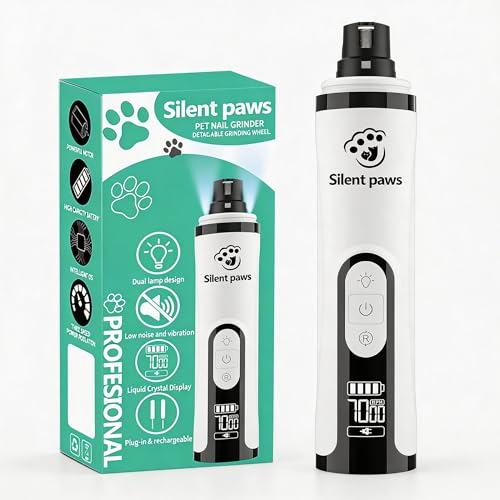 silent paws Quiet Pet Nail Grinder with LCD& Light | Quiet Dog Nail Grinder Suits Sensitive Pets. 3 Speeds Nail Trimmers for Small to Large Dogs ,Cats and Other Animals.