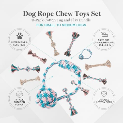 Dog Rope Chew Toys Set, 11-Pack Cotton Tug and Play Bundle for Small to Medium Dogs (Set of 11)