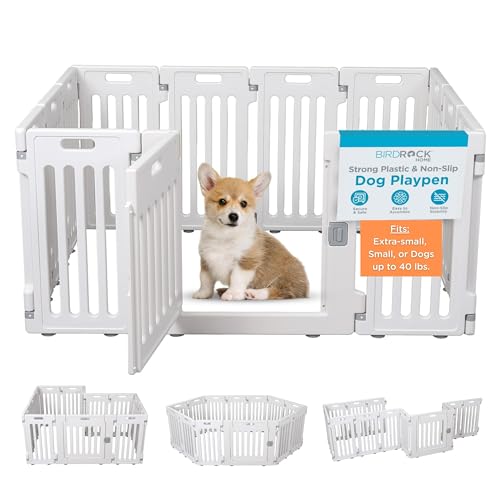 BIRDROCK HOME Pet Playpen with Door | 12 Panel | Strong Plastic | Puppy Safety Fence Pen Playpen | Non-Slip and Secure Dog Gate | White - color: White, style: 12 Panels