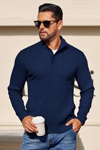COOFANDY Mens Quarter Button Sweater Long Sleeve Stand Collar Sweaters Casual Knitted Ribbed Dress Pullover - color: Navy Blue, size: X-Large
