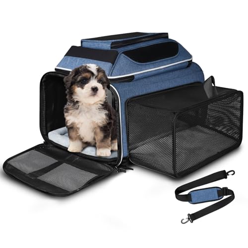 Petskd Top and Side Expandable Pet Carrier 18x11x11 Inches Delta United Airline Approved, Soft-Sided Carrier for Small Cats and Dogs with Locking Safety Zippers and Anti-Scratch Mesh(Blue) - color: Blue, size: 18.0"L x 11.0"W x 11.0"H