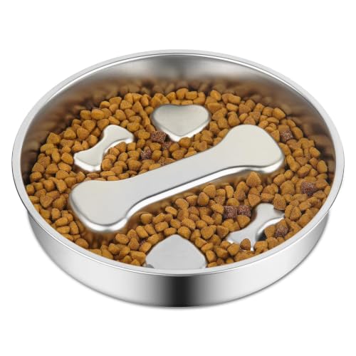 Stainless Steel Slow Feeder Dog Bowls,Slow Food Bowl for Dog & Cat - 2 Cups Capacity,Bone-Shaped Design Pet Food Holder,Metal Non-Slip Lick Plate,Puzzle Maze Dish for Small Sized Breeds - color: Bone-1Pack, size: M 1.5~2Cups