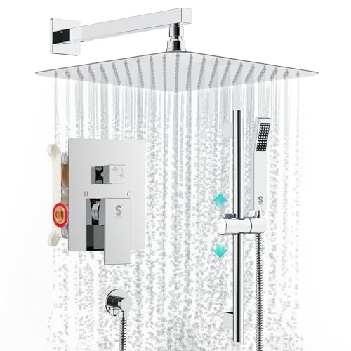 SR SUN RISE 10 Inch Square Shower Faucet, Adjustable 16-Inch Slide Bar Hand Held Shower with Hose, Square Rain Shower Head and Handheld Spray Included Valve and Shower Trim Kit, Polished Chrome - color: Polished Chrome, style: 10"