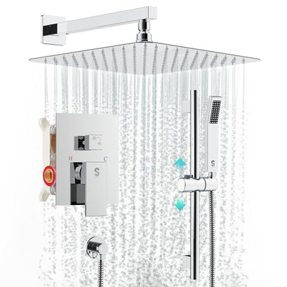SR SUN RISE 10 Inch Square Shower Faucet, Adjustable 16-Inch Slide Bar Hand Held Shower with Hose, Square Rain Shower Head and Handheld Spray Included Valve and Shower Trim Kit, Polished Chrome - color: Polished Chrome, style: 10"