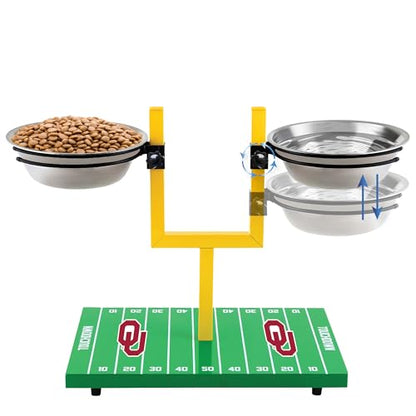 NCAA Oklahoma Sooners Goalpost Football Field Dog Feeder – Adjustable Elevated Dog Bowls with Stand, 2 Stainless Steel Bowls, Non-Slip Rubber Feet, Raised Pet Feeder for Large & Small Dogs