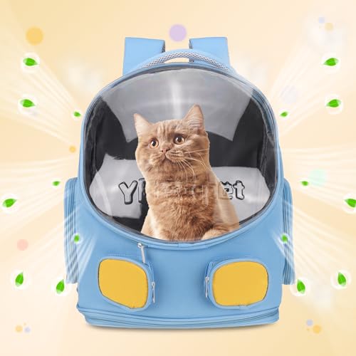 Pet Backpack Carrier, Portable and Ventilated, Oxford Cloth, Dog Cat Travel Bag with Transparent Cover 13.78", (Bright Blue, 1 Pcs), Intended for Hiking/Camping/Traveling - color: Bright Blue